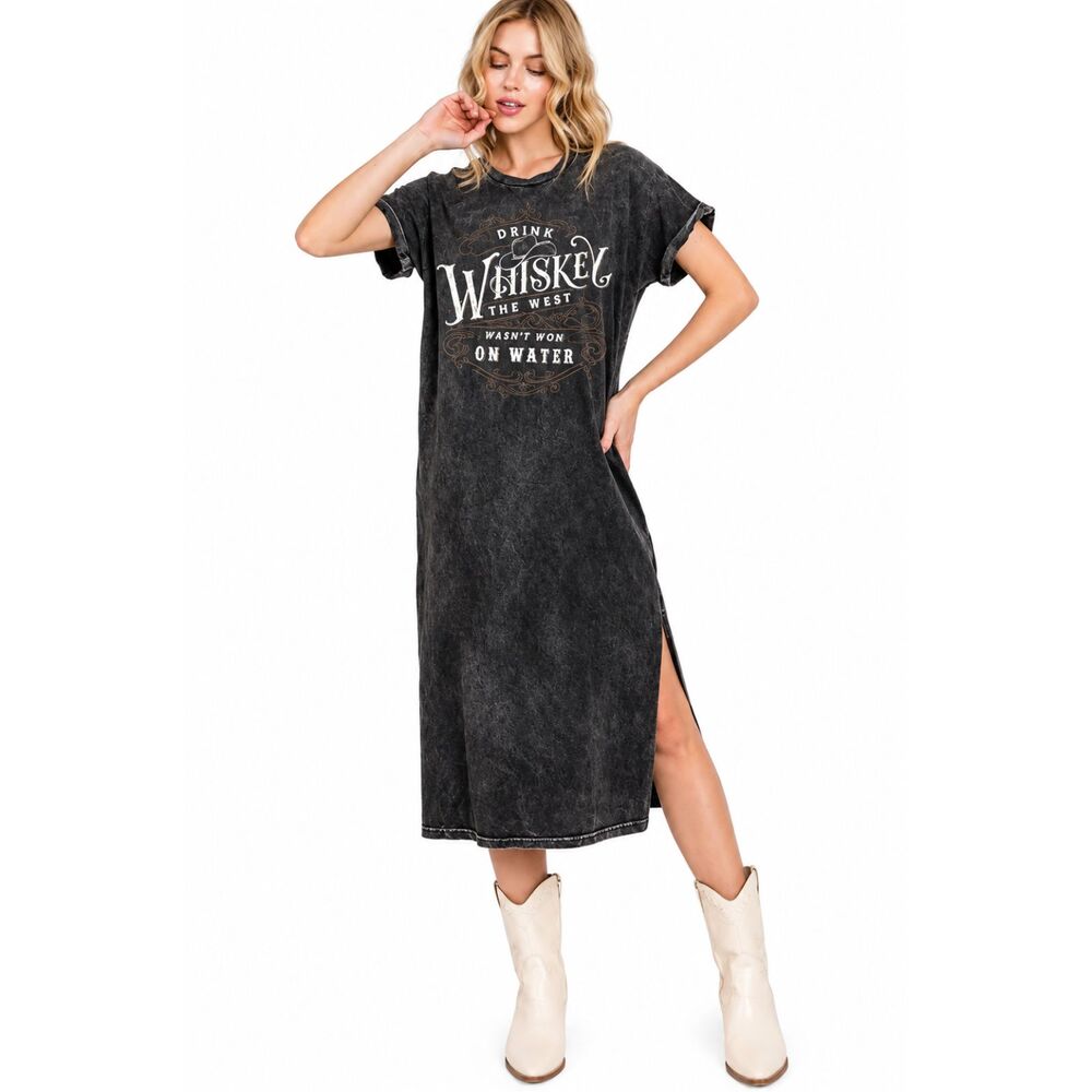Drink Whiskey The West Wasn't Won On Water Graphic T-Shirt Dress Charcoal Gray S